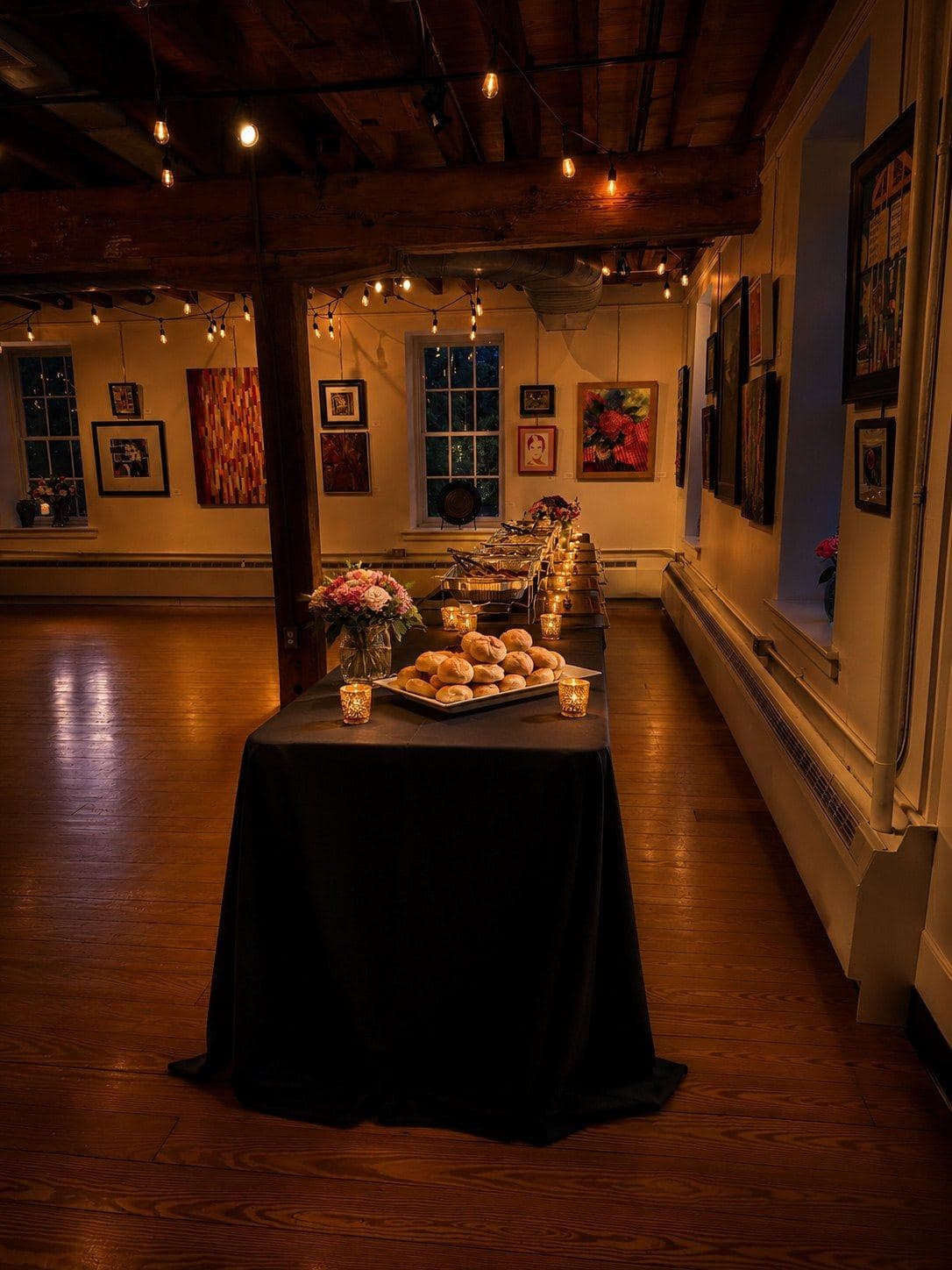 Candlelit catered buffet setup in a warm art gallery event space.