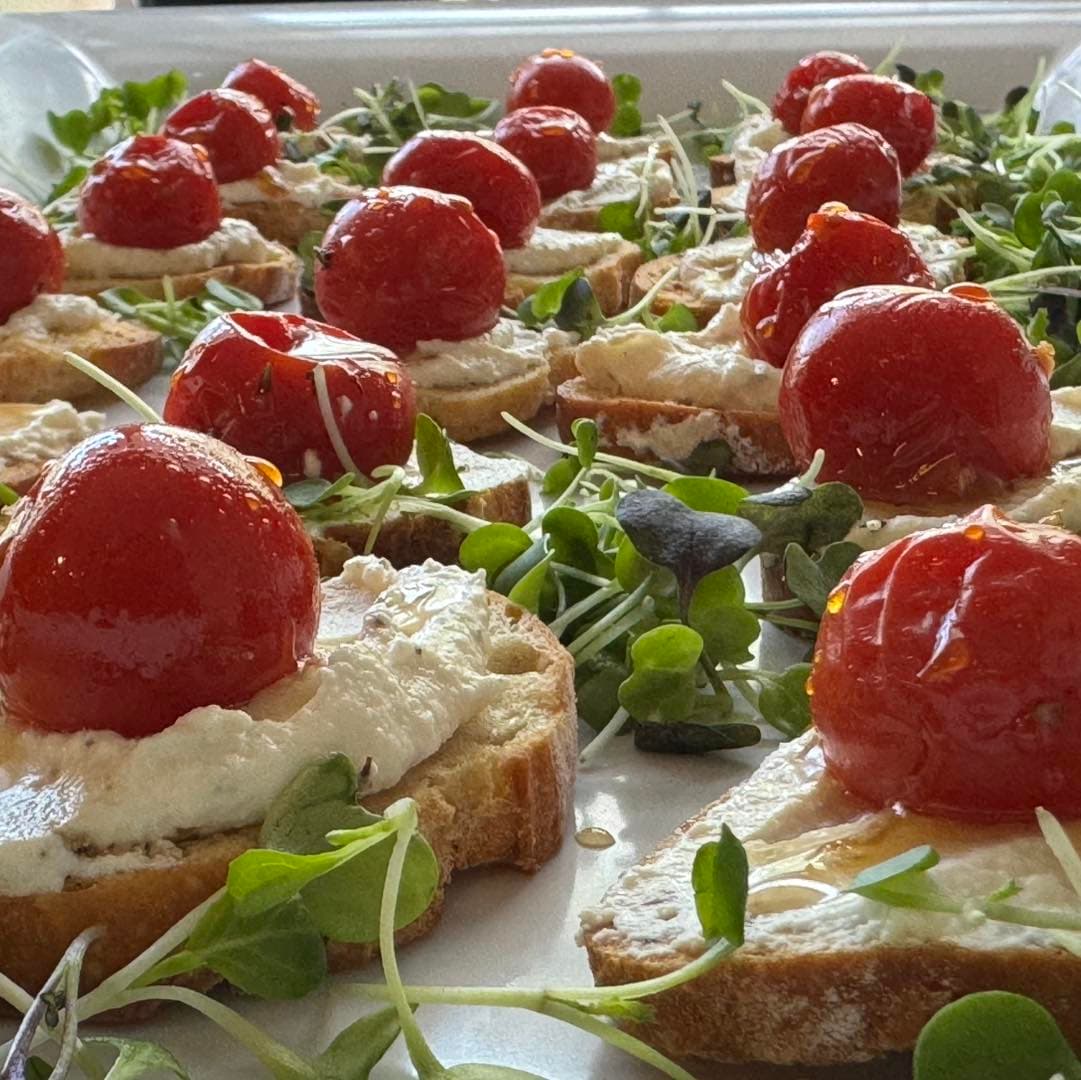 Bruschetta arranged for passed appetizer or cocktail-style service.