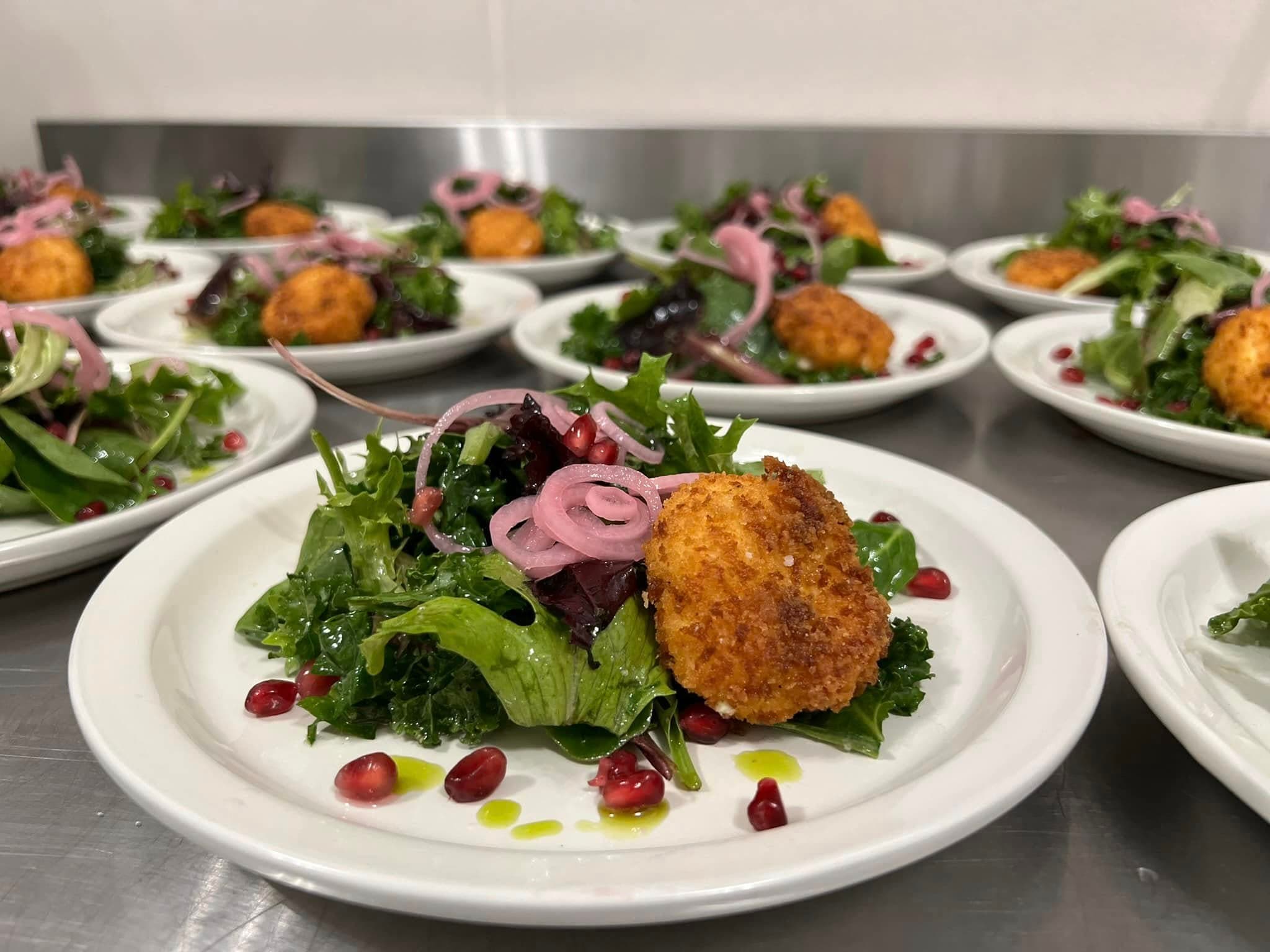 Prepared food display arranged for service.